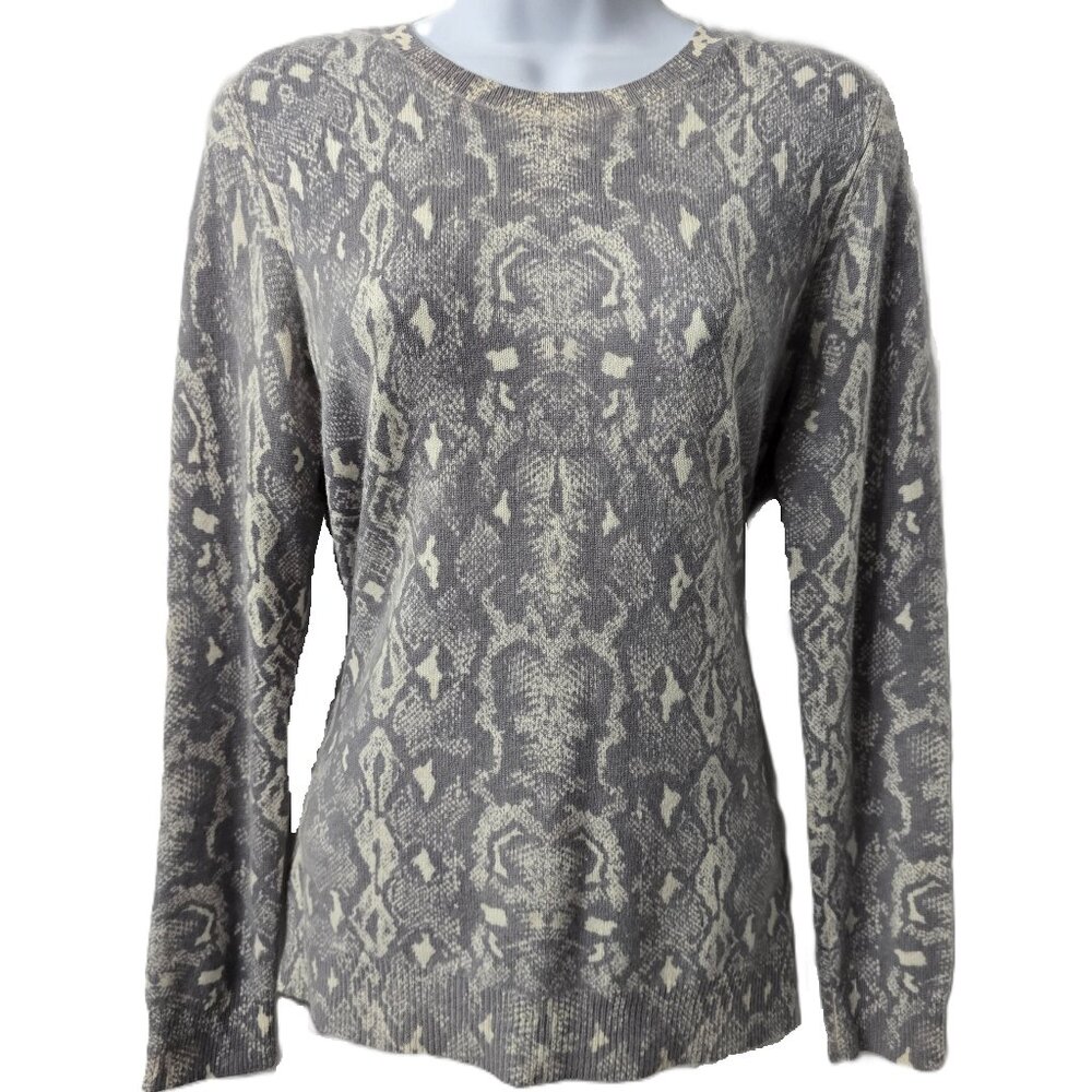 J McLaughlin Cashmere Sweater S Crew Neck Snake Animal Print Gray Ivory Cozy